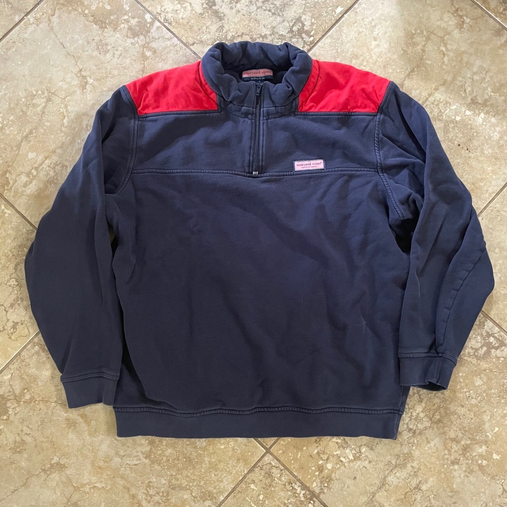 Vineyard Vines Mens XL Navy Blue Red Colorblock 1/4 Zip Cotton Pullover Sweater
